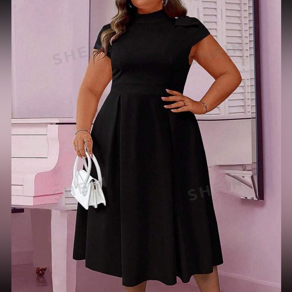 PLUS SIZE Women Solis Black Knit Stand Collar BowTie A Line Dress